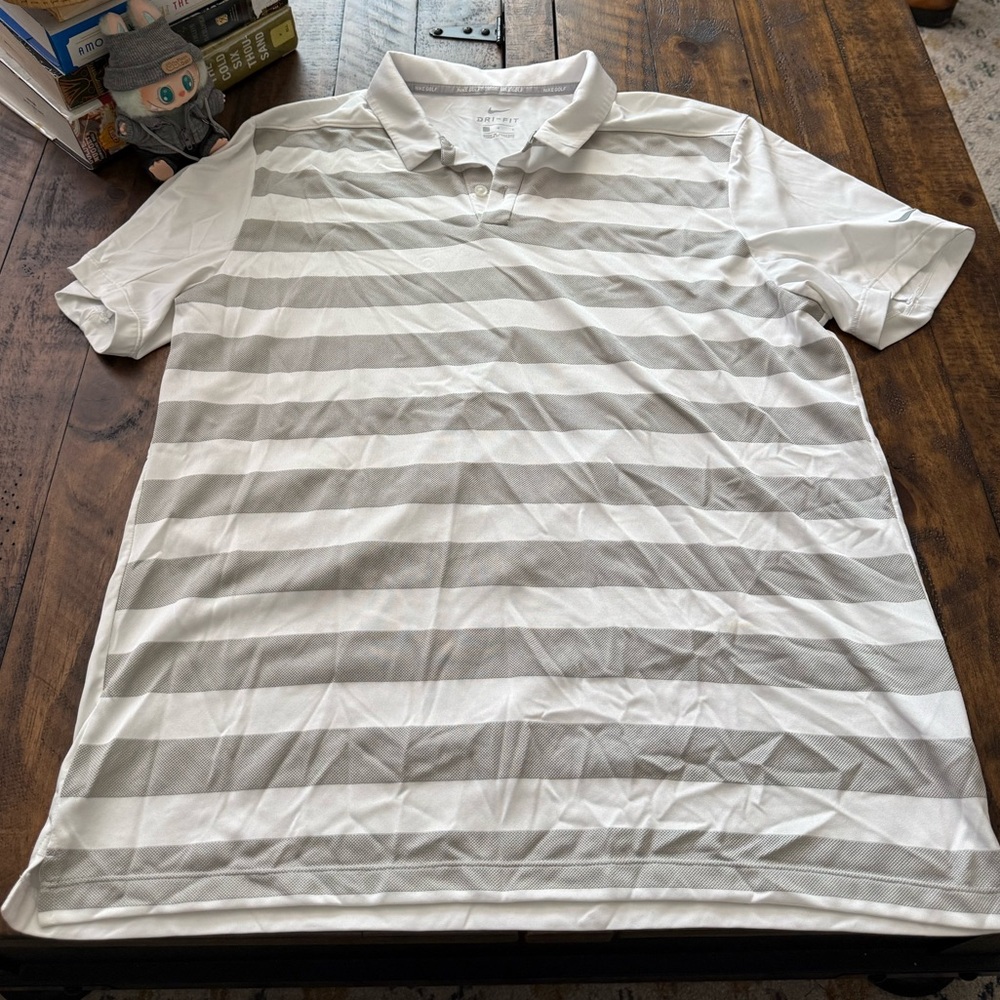 Sz L Men’s Nike Golf White and Light Gray Striped Polo Shirt Sporty